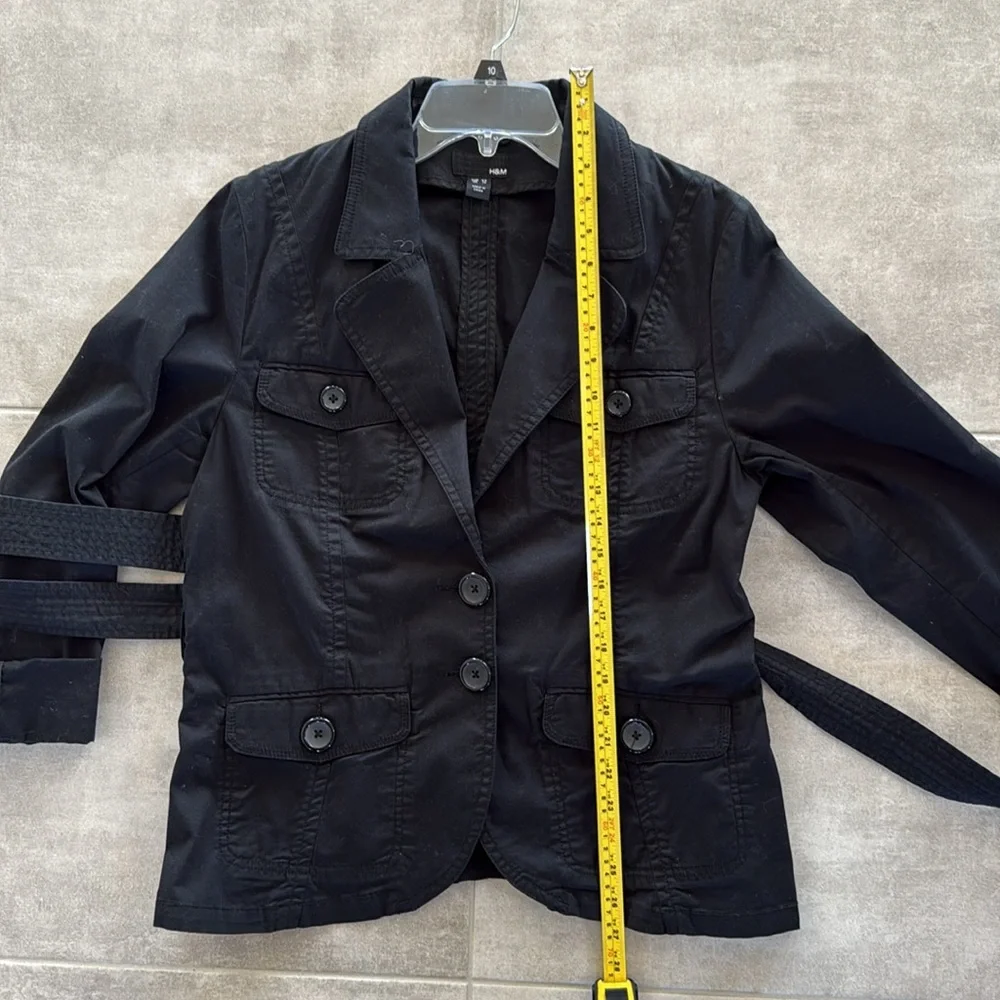 H&M Women's Rich Black Cotton-Blend Belted Waist Utility-Style Jacket - Size 14 - Picture 10 of 11